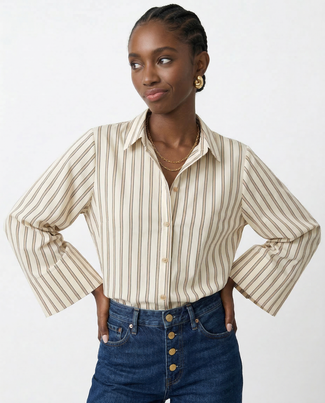 Olivia Bennet | Striped Button-Up Blouse for Women in Cotton Fit