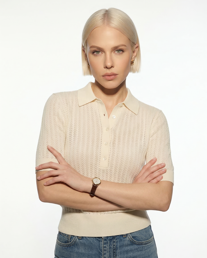 Olivia Bennet | Ribbed Knit Polo Blouse for Women in Natural Color