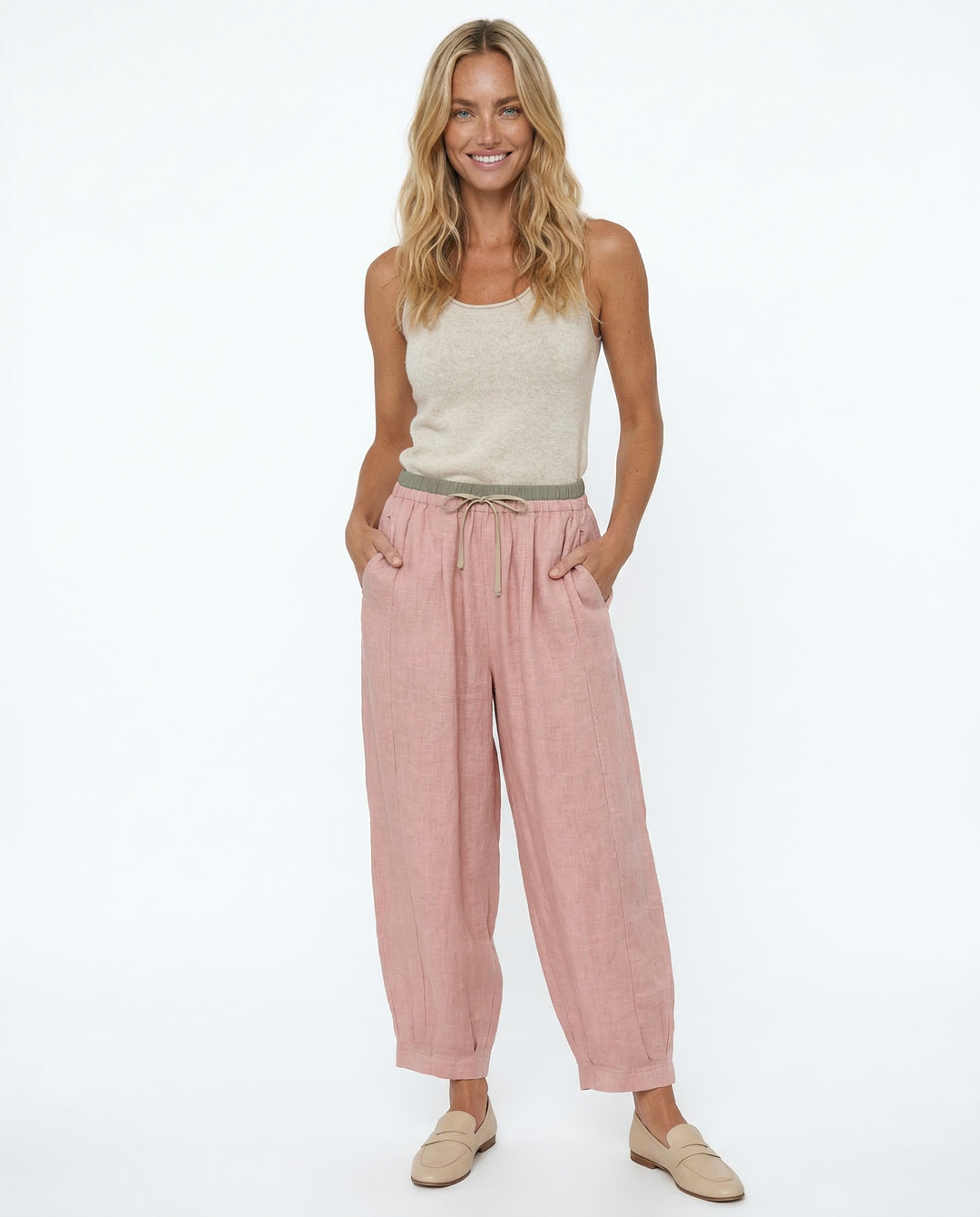 Olivia Bennet | Linen Trousers for Women in Natural Fit, Beige