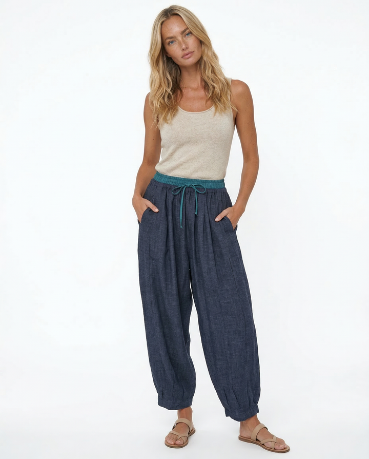 Olivia Bennet | Linen Trousers for Women in Natural Fit, Beige