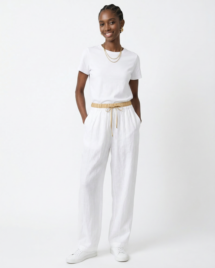 Olivia Bennet | Linen Trousers for Women in Natural Fit, Beige