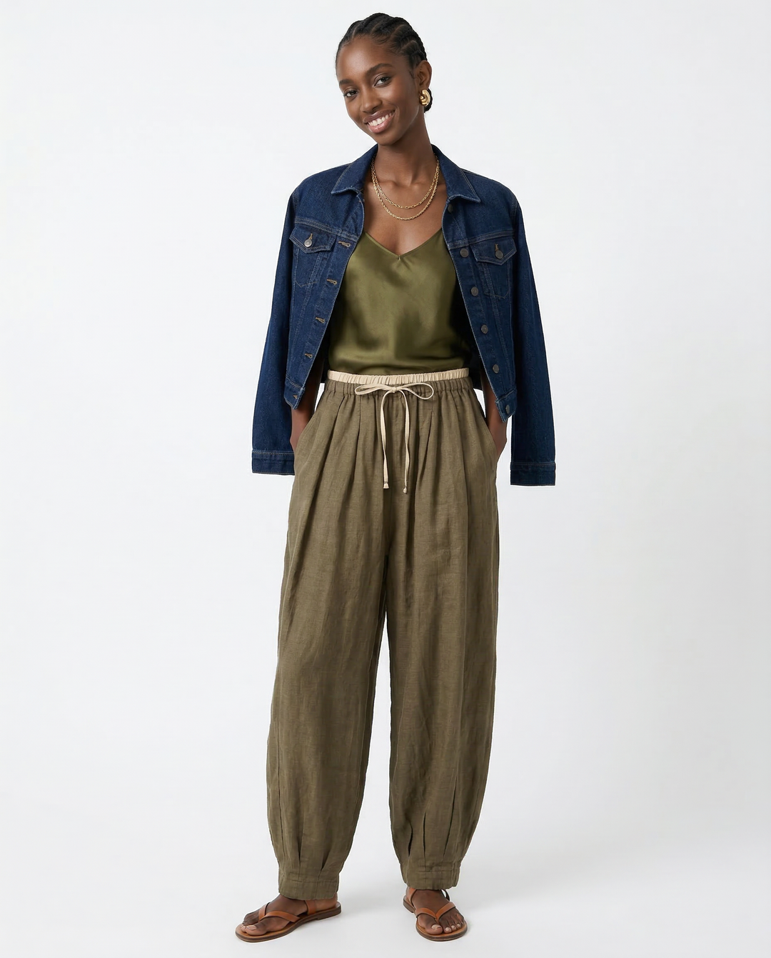 Olivia Bennet | Linen Trousers for Women in Natural Fit, Beige