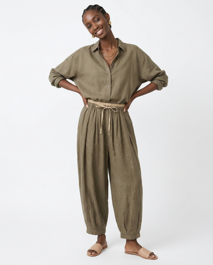 Olivia Bennet | Linen Trousers for Women in Natural Fit, Beige