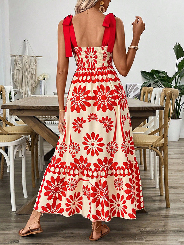 Olivia Bennet | A-Line Loose Elasticity Flower Print Pleated Tied Spaghetti-Neck Midi Dresses