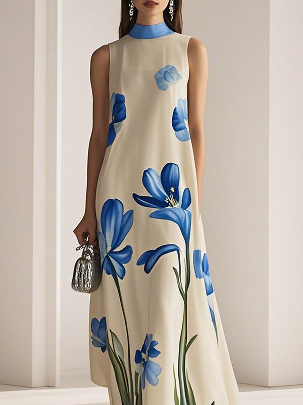 Olivia Bennet | Loose Sleeveless Flower Print Mock Neck Maxi Dresses