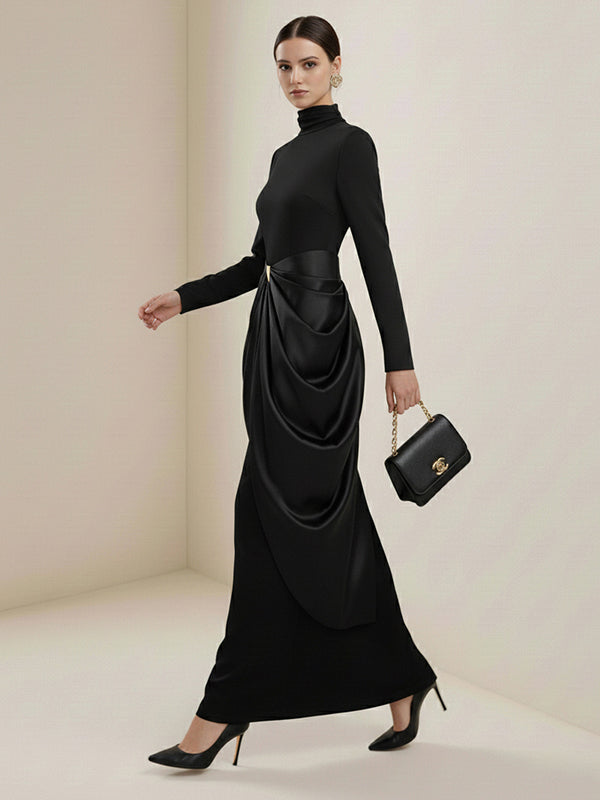 Olivia Bennet | Long Sleeves Buckle Draped High-Neck Evening Dresses Maxi Dresses