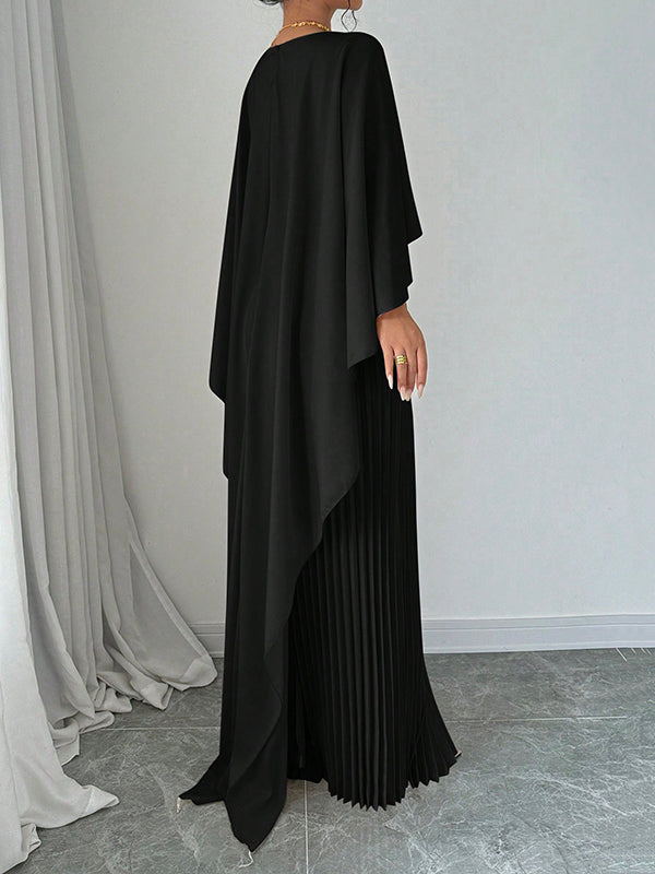 Olivia Bennet | Cape High-Low Pleated Solid Color Split-Joint Round-Neck Evening Dresses Maxi Dresses