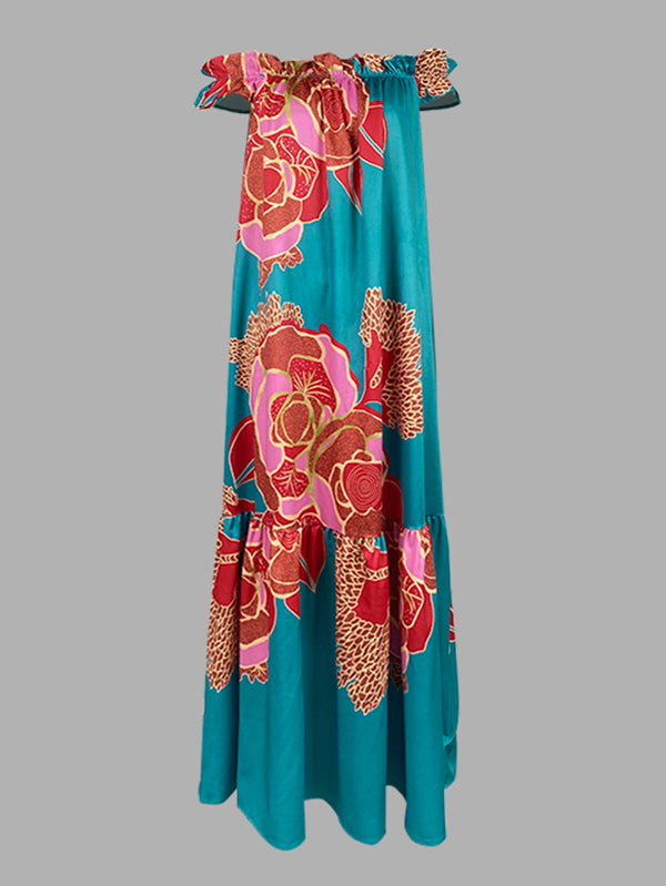 Olivia Bennet | A-Line Loose Elasticity Flower Print Pleated Split-Joint Off-The-Shoulder Maxi Dresses