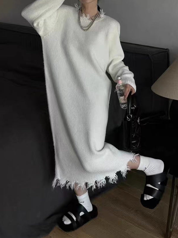 Olivia Bennet | High Waisted Long Sleeves Fringed Solid Color Round-Neck Midi Dresses Sweater Dresses