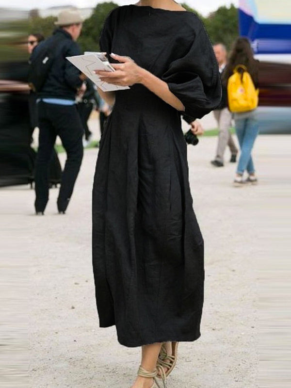 Olivia Bennet | Half Sleeves Loose Solid Color Round-neck Maxi Dresses
