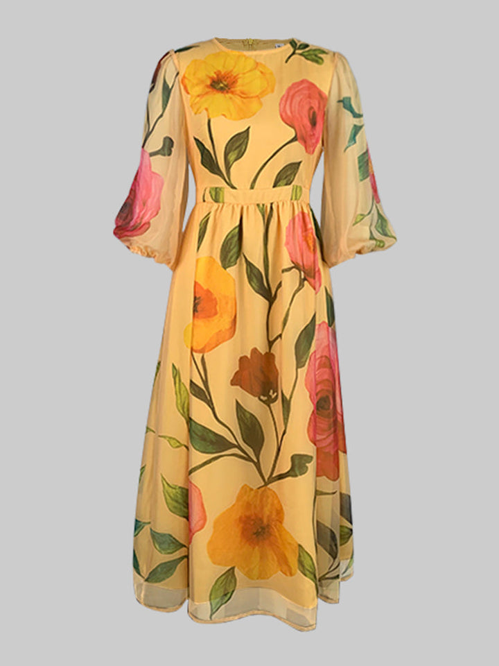 Olivia Bennet | Loose Puff Sleeves Flower Print See-Through Round-Neck Midi Dresses