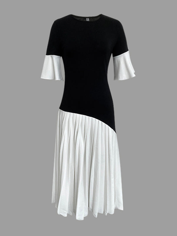 Olivia Bennet | Flared Sleeves Half Sleeves Pleated Split-Joint Round-Neck Midi Dresses