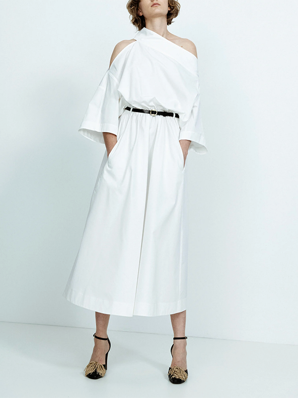 Olivia Bennet | Long Sleeves Loose No Belt Solid Color Off-The-Shoulder Midi Dresses