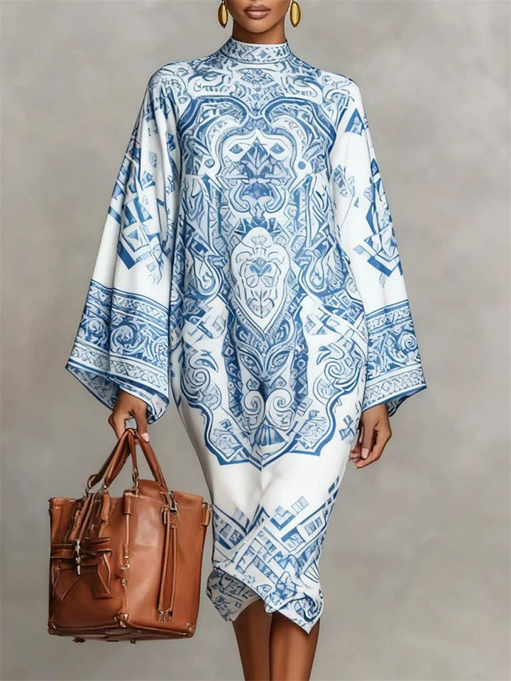 Olivia Bennet | Long Sleeves Loose Contrast Color Printed Mock Neck Midi Dresses