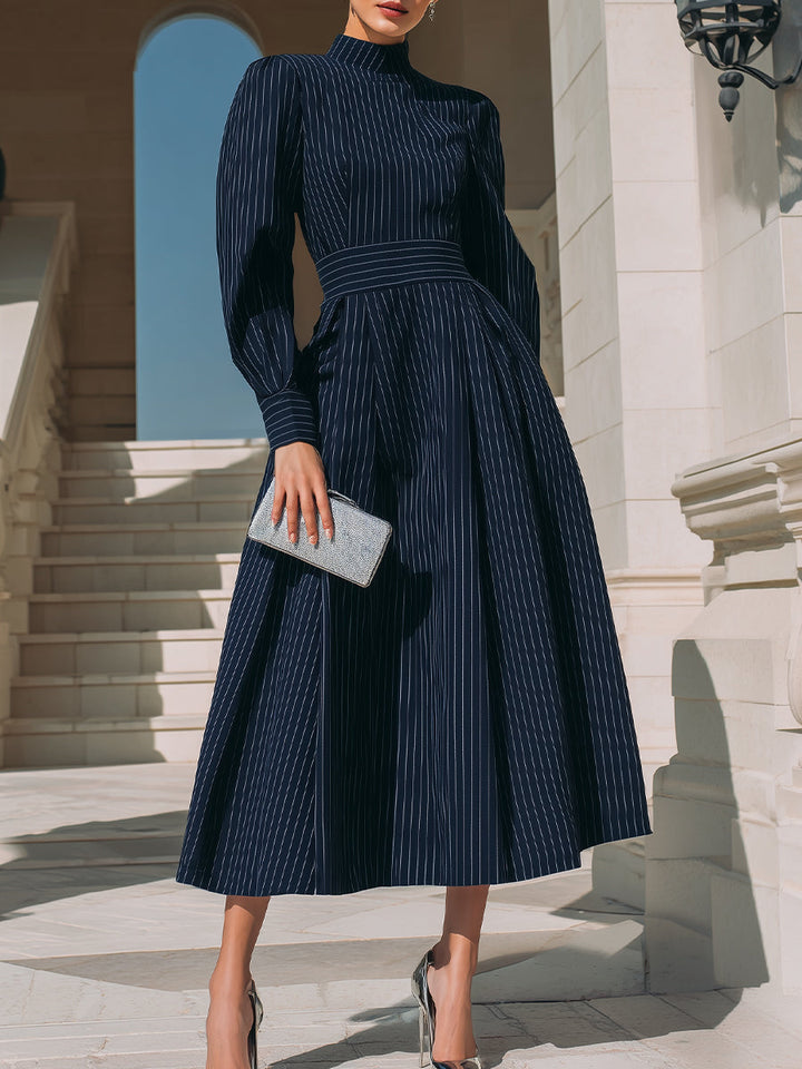 Olivia Bennet | Pinstripe Structured-Waist Suiting Midi Dress
