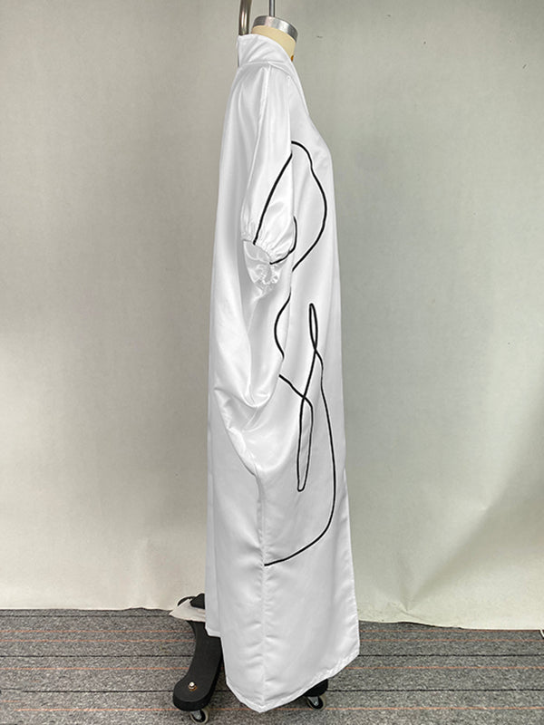 Olivia Bennet | Half Sleeves Loose Elasticity Printed Split-Front Stand Collar Maxi Dresses