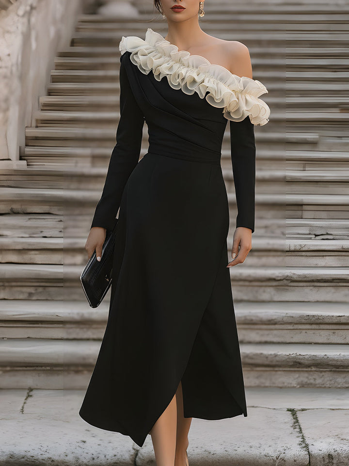 Olivia Bennet | Ivory Asymmetric Ruffled Off-Shoulder Chiffon Midi Dress
