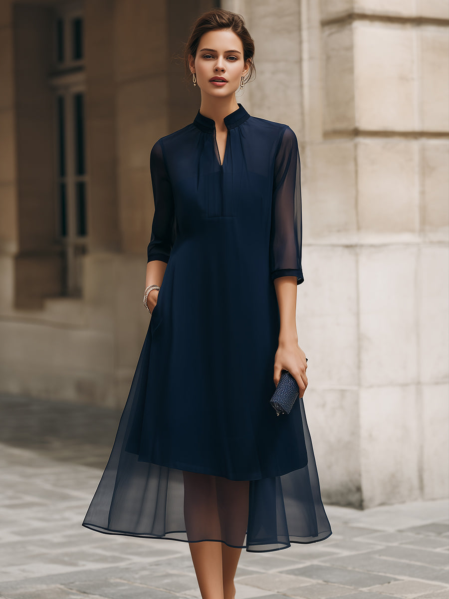 Olivia Bennet | Mandarin Collar Sheer Overlay Midi Dress