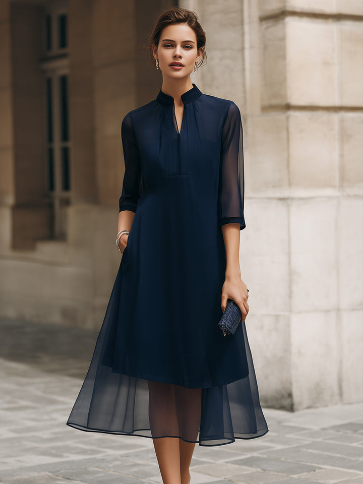 Olivia Bennet | Mandarin Collar Sheer Overlay Midi Dress