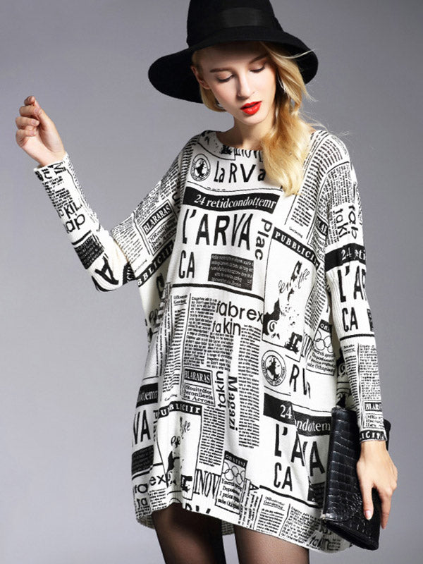 Olivia Bennet | Vintage Loose One-Shoulder Newspaper Printed Split-Joint Sweater