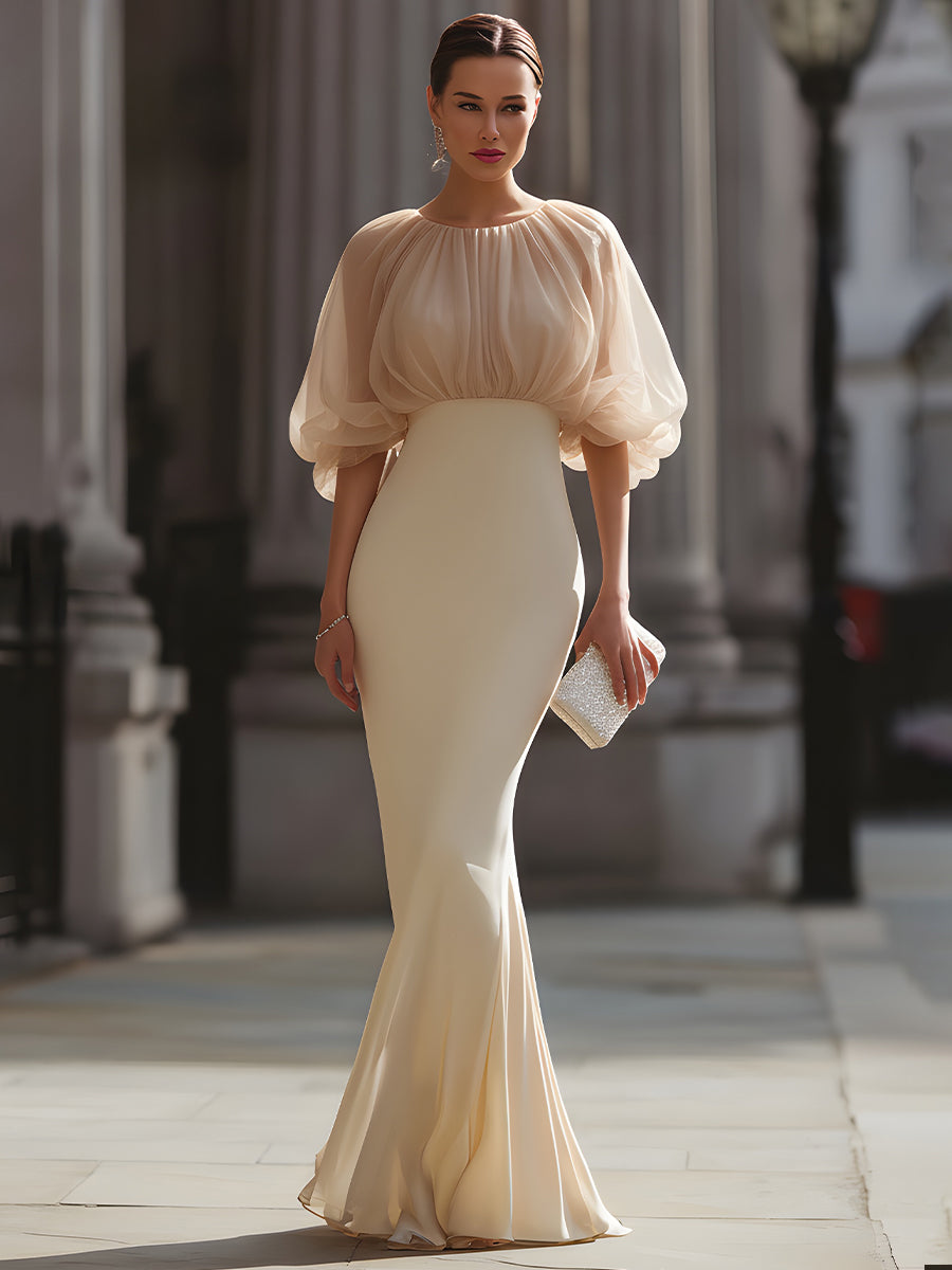 Olivia Bennet | Gathered Sheer Sleeve Mermaid Evening Dress