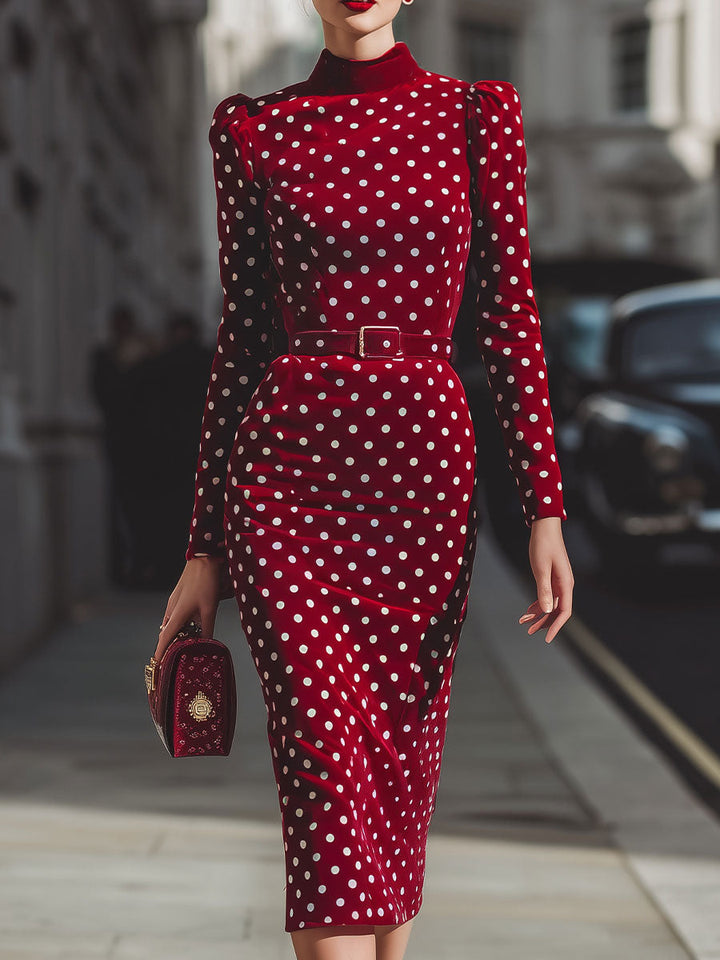 Olivia Bennet | Red Polka Dot Midi Velvet Dress