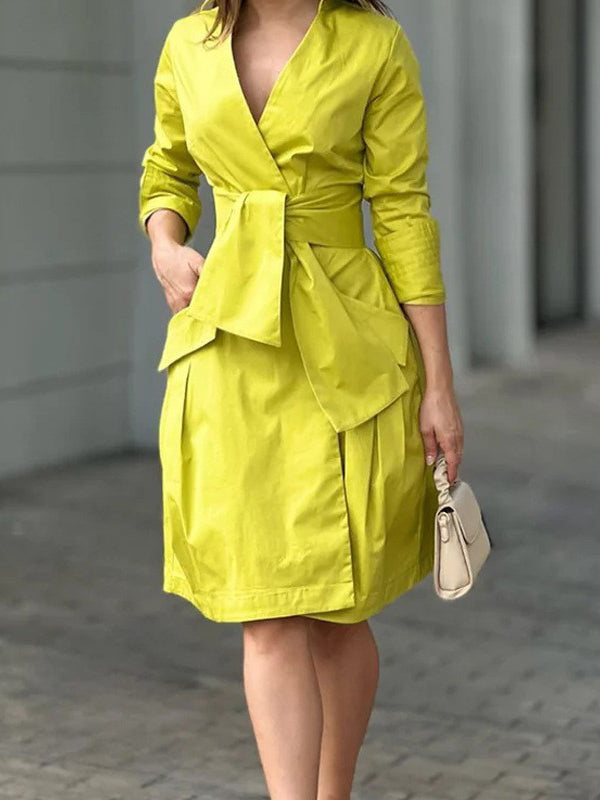 Olivia Bennet | Long Sleeves Solid Color Tied Waist Deep V-Neck Mini Dresses