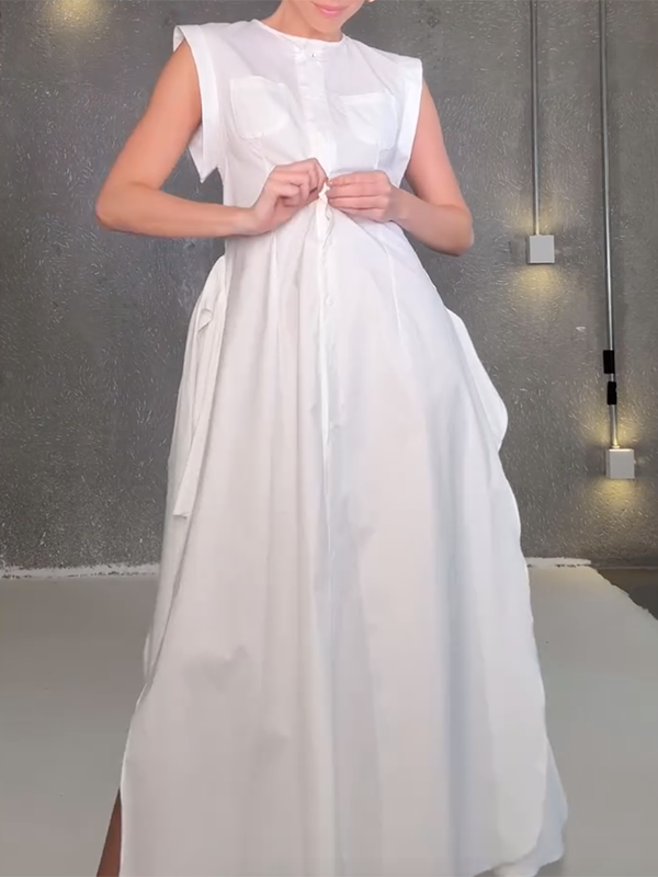 Olivia Bennet | Cap Sleeve Loose Buttoned Solid Color Split-Side Tied Waist Maxi Dresses Shirt Dress