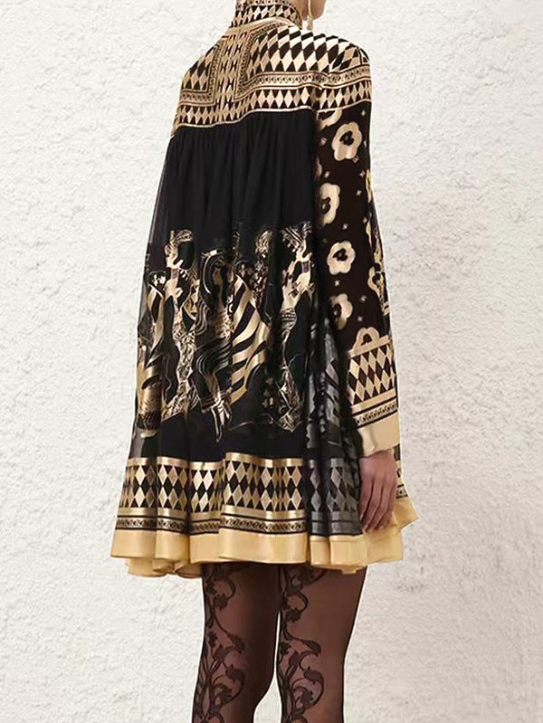 Olivia Bennet | A-Line Long Sleeves Bronzing Printed Split-Joint Mock Neck Mini Dresses
