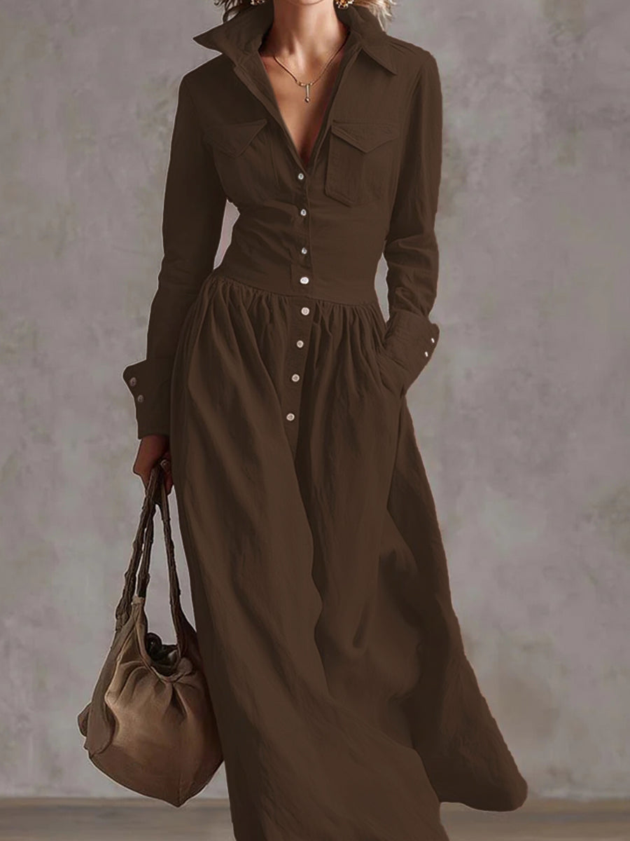 Olivia Bennet | High Waisted Long Sleeves Buttoned Pleated Pockets Solid Color Split-Joint Lapel Maxi Dresses