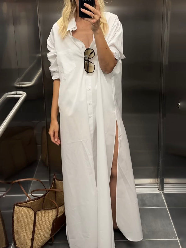 Olivia Bennet | Long Sleeves Loose Buttoned Solid Color Split-Side Lapel Maxi Shirt Dress