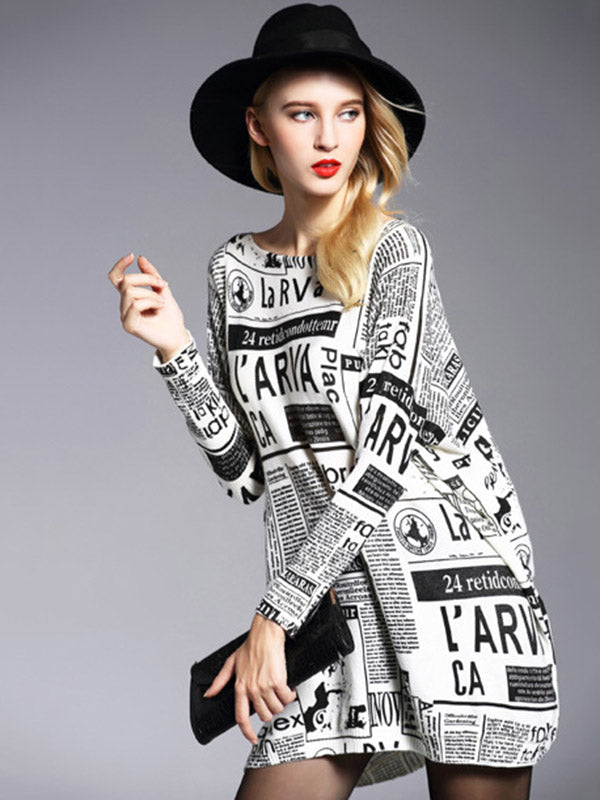 Olivia Bennet | Vintage Loose One-Shoulder Newspaper Printed Split-Joint Sweater