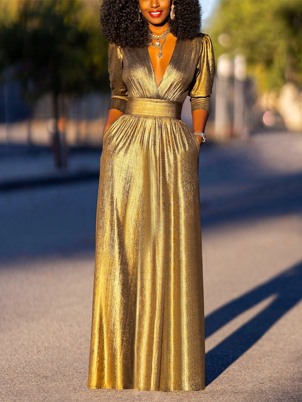 Olivia Bennet | Half Sleeves Puff Sleeves Shiny Solid Color Deep V-Neck Maxi Dresses