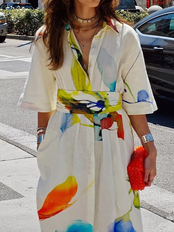 Olivia Bennet | Half Sleeves Loose Asymmetric Printed Split-Joint Tied Waist Lapel Maxi Dresses Shirt Dress