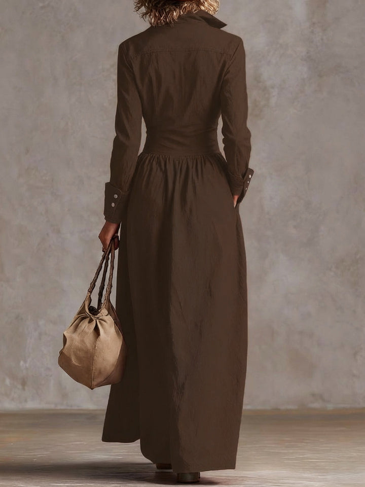 Olivia Bennet | High Waisted Long Sleeves Buttoned Pleated Pockets Solid Color Split-Joint Lapel Maxi Dresses