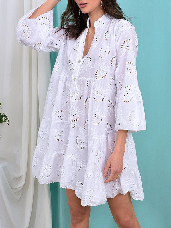 Olivia Bennet | A-Line Flared Sleeves Buttoned Hollow Solid Color Split-Joint V-Neck Mini Dresses