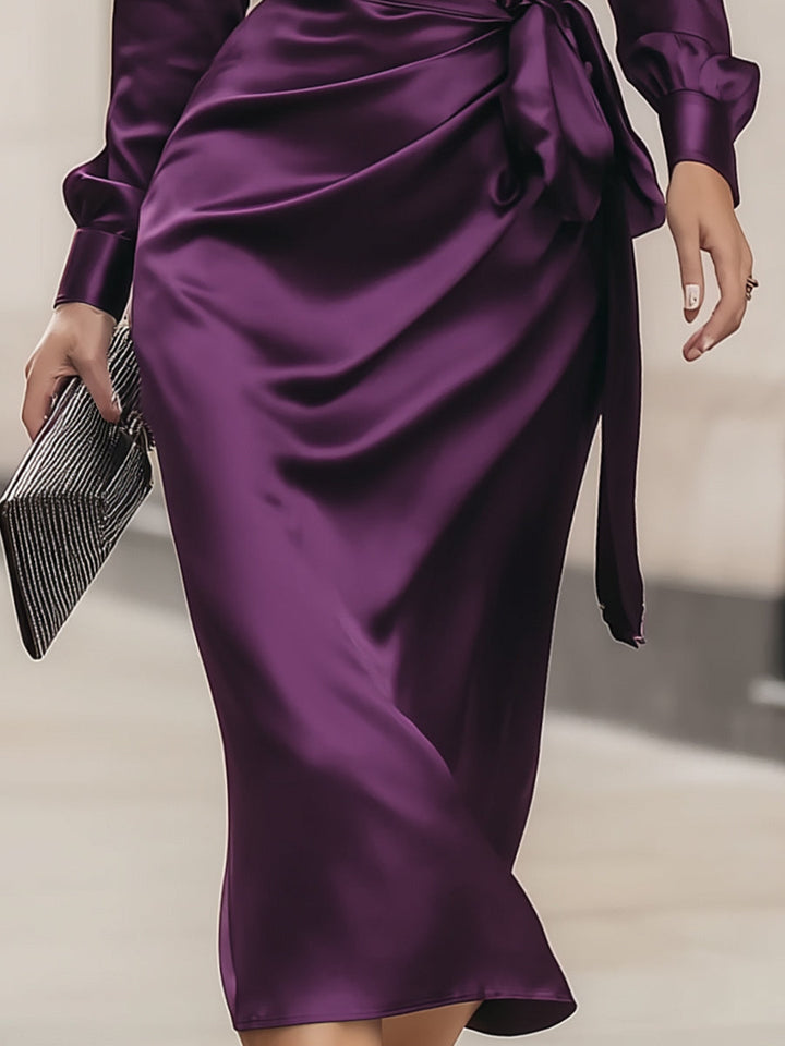 Olivia Bennet | Deep Purple Wrap Midi Satin Dress