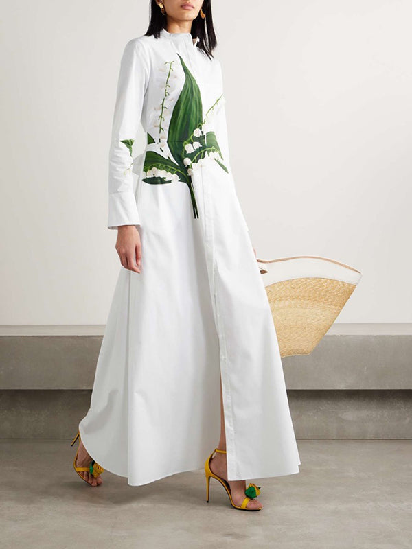 Olivia Bennet | A-Line Long Sleeves Buttoned Flower Print Round-Neck Maxi Dresses