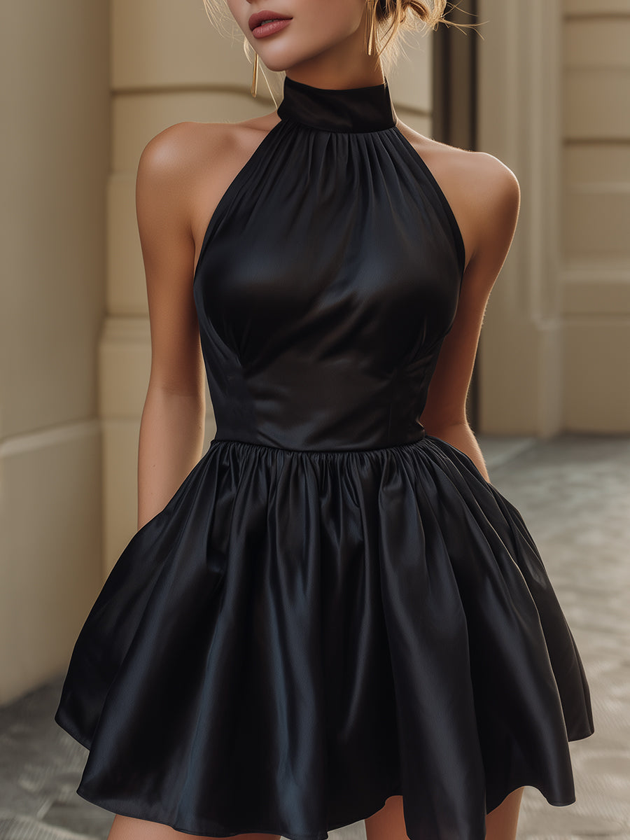 Olivia Bennet | Ivory High-Neck Bubble Hem Satin Dress