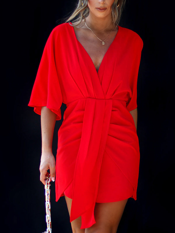 Olivia Bennet | Batwing Sleeves Skinny Pleated Solid Color Split-Joint V-Neck Mini Dresses