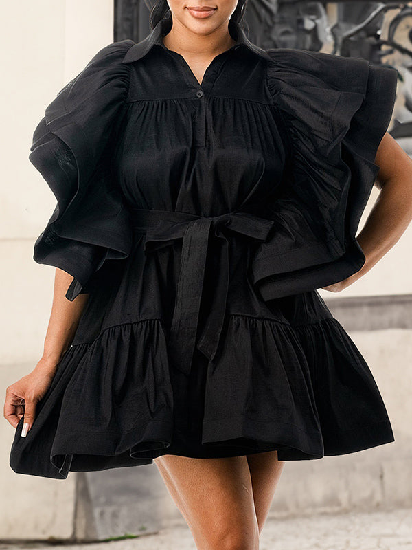 Olivia Bennet | A-Line High Waisted Buttoned Pleated Ruffled Solid Color Tied Waist Lapel Mini Dresses