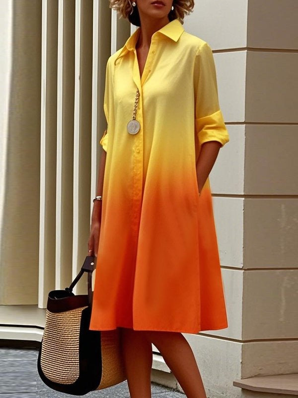 Olivia Bennet | Long Sleeves Loose Buttoned Contrast Color Gradient Lapel Midi Dresses Shirt Dress