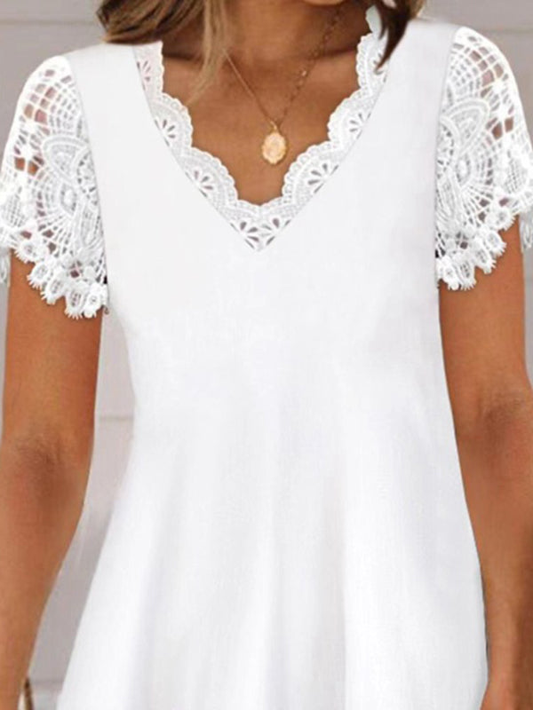 Olivia Bennet | Loose Short Sleeves Solid Color Split-Joint V-Neck Mini Dresses