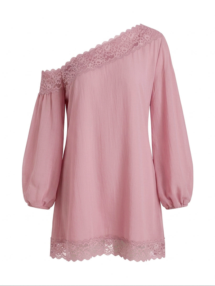 Olivia Bennet | Long Sleeves Loose Solid Color Split-Joint One-shoulder Mini Dresses