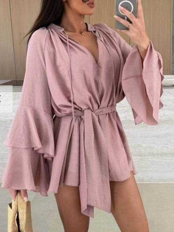 Olivia Bennet | Flared Sleeves Loose Lace-Up Pleated Solid Color Split-Joint Tiered Round-Neck Mini Dresses