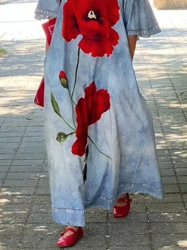 Olivia Bennet | Half Sleeves Loose Flower Print V-Neck Maxi Dresses