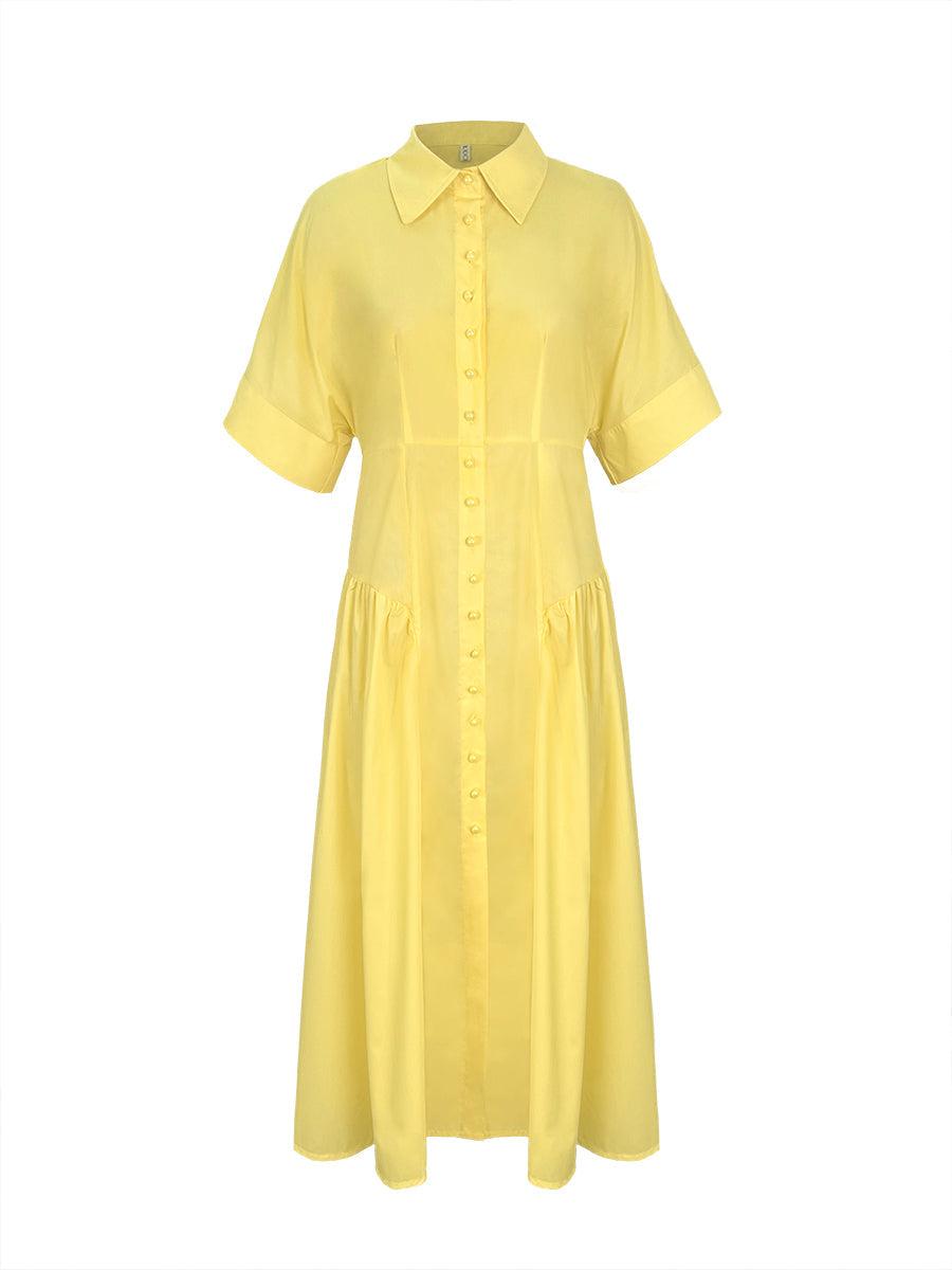 Olivia Bennet | Loose Short Sleeves Buttoned Pleated Solid Color Lapel Collar Midi Dresses Shirt Dress