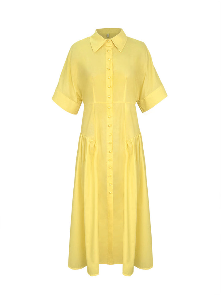 Olivia Bennet | Loose Short Sleeves Buttoned Pleated Solid Color Lapel Collar Midi Dresses Shirt Dress