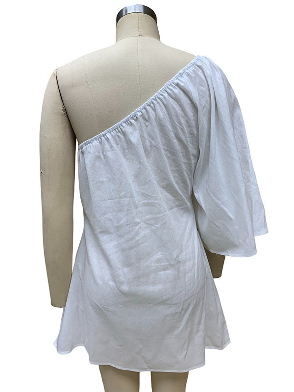 Olivia Bennet | Loose Three-Quarter Sleeves Asymmetric Elasticity Solid Color One-Shoulder Mini Dresses