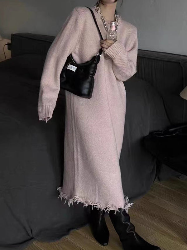 Olivia Bennet | High Waisted Long Sleeves Fringed Solid Color Round-Neck Midi Dresses Sweater Dresses